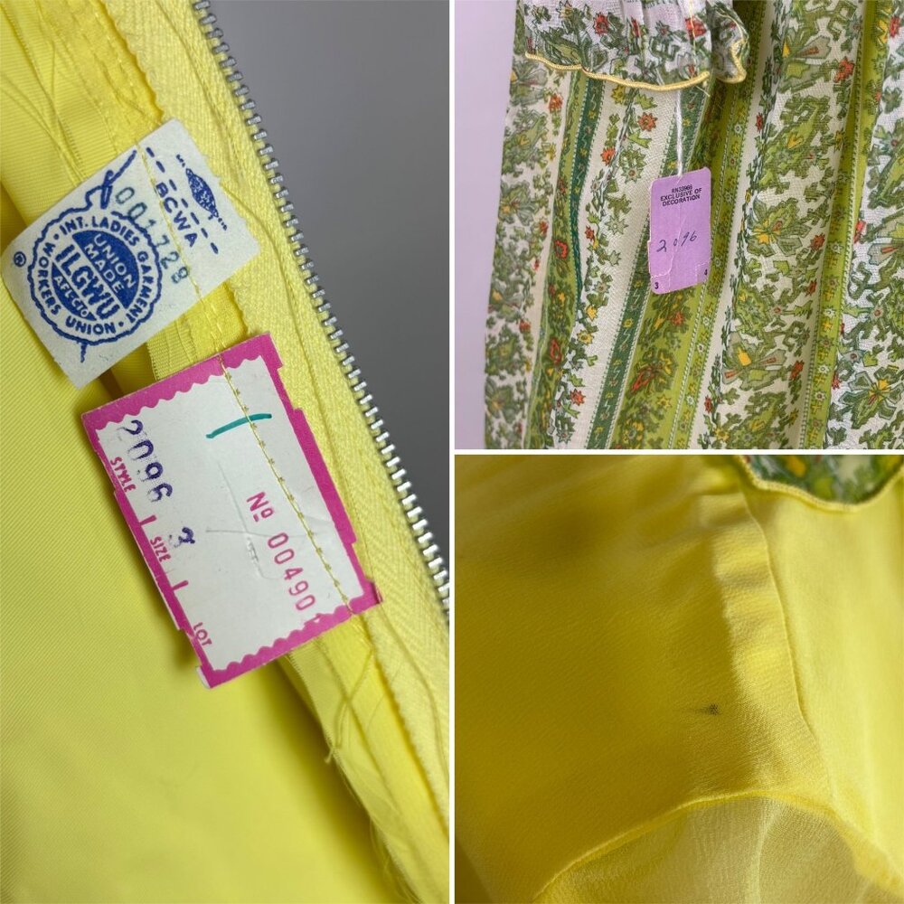 Vintage 70s Maxi Dress Juniors Sheer Yellow Chiffon Sleeves Printed Skirt Bow - Picture 13 of 13